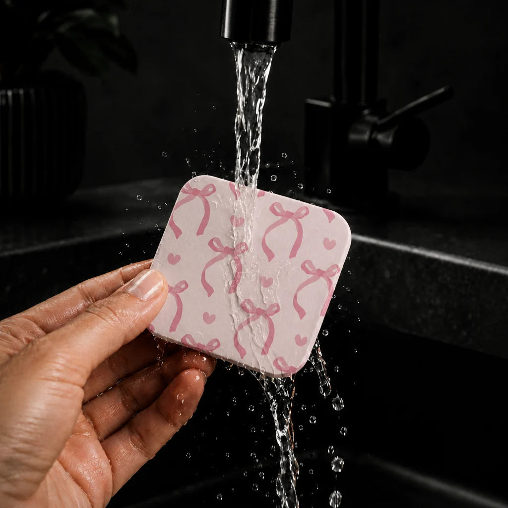 Rinsing a Jiffys cleaning pad with water